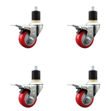Service Caster 3'' SS Red Poly Swivel 1-7/8'' Expanding Stem Caster Set Total Lock Brake, 4PK SCC-SSEXTTL20S314-PPUB-RED-178-4
